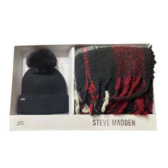 Steve Madden Plaid Fringe Scarf & Pom Hat Gift Box Set, Black/Red/White, New - Picture 1 of 7